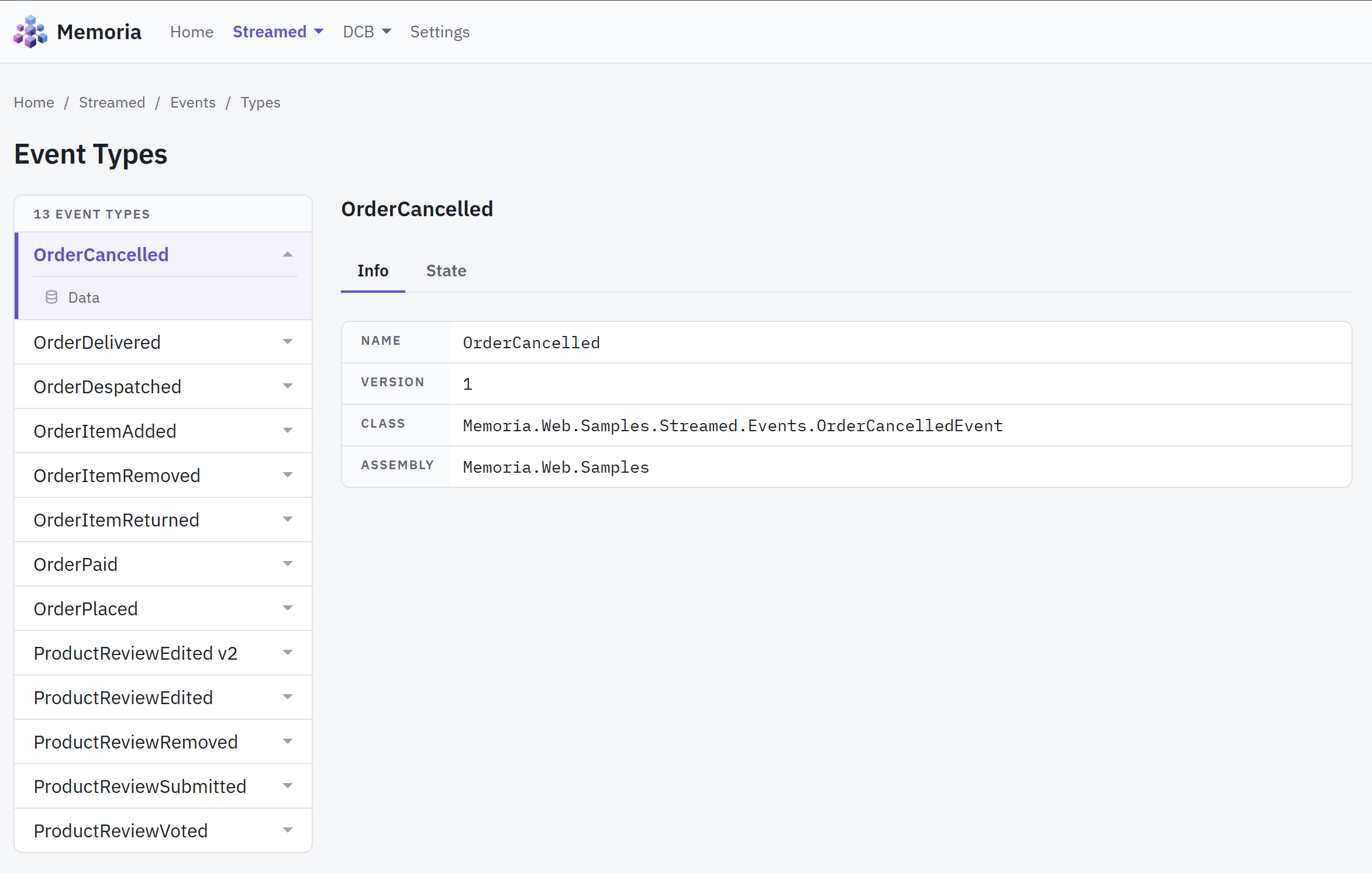 Event types: the events the streamed model declares, with the binding for one of them