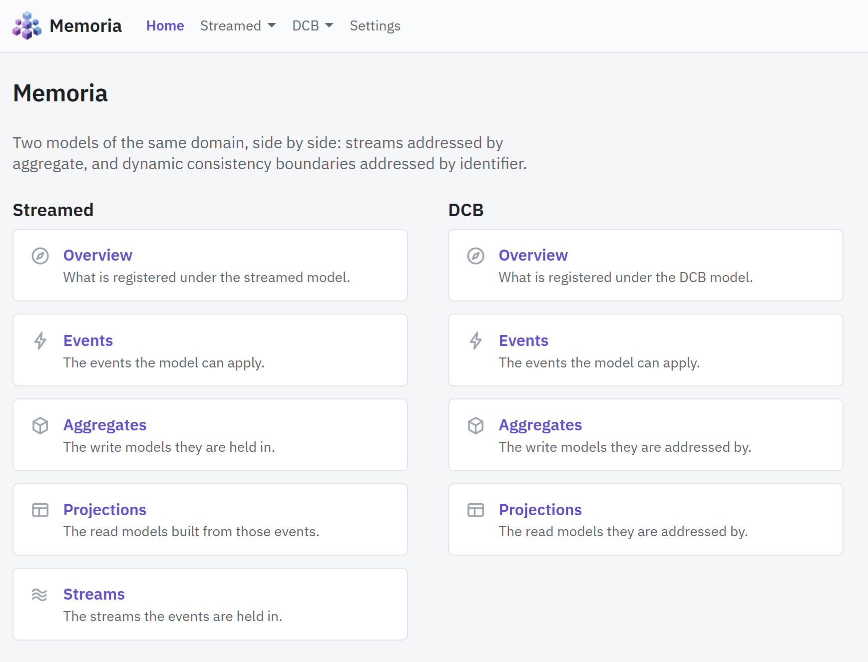 The home page: the streamed model and the DCB model side by side
